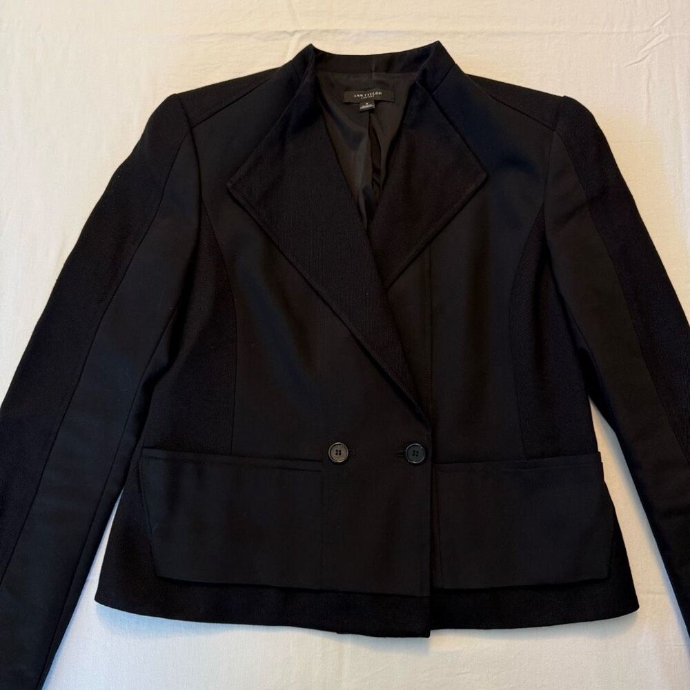 Ann Taylor | Black Double Breasted Mixed Media Blazer Jacket | Fully Lined | 4